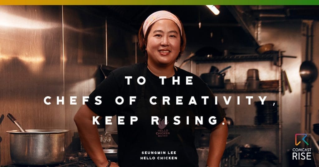 Women in kitchen wearing apron to promote Comcast RISE Event